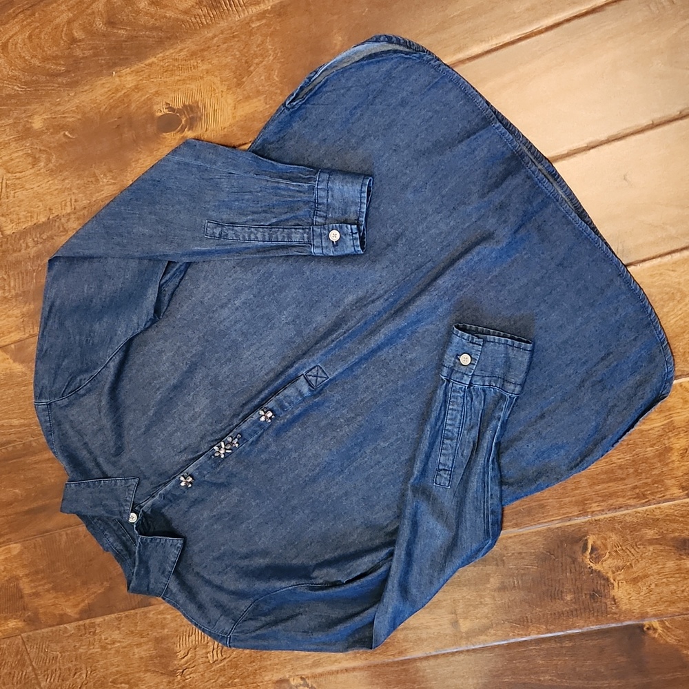 Loft Tunic Length Embellished Button Long Sleeve Denim Shirt